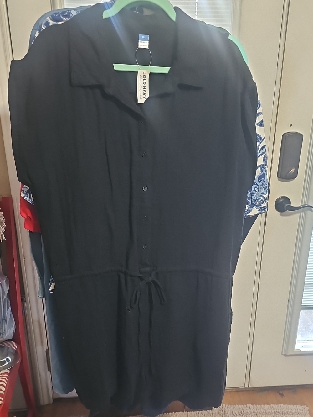 Old Navy Black Button-Front Drawstring Midi Shirt Romper